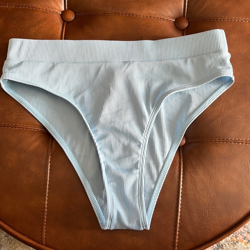 Light blue, ribbed, high rise cheeky, swim bottom
